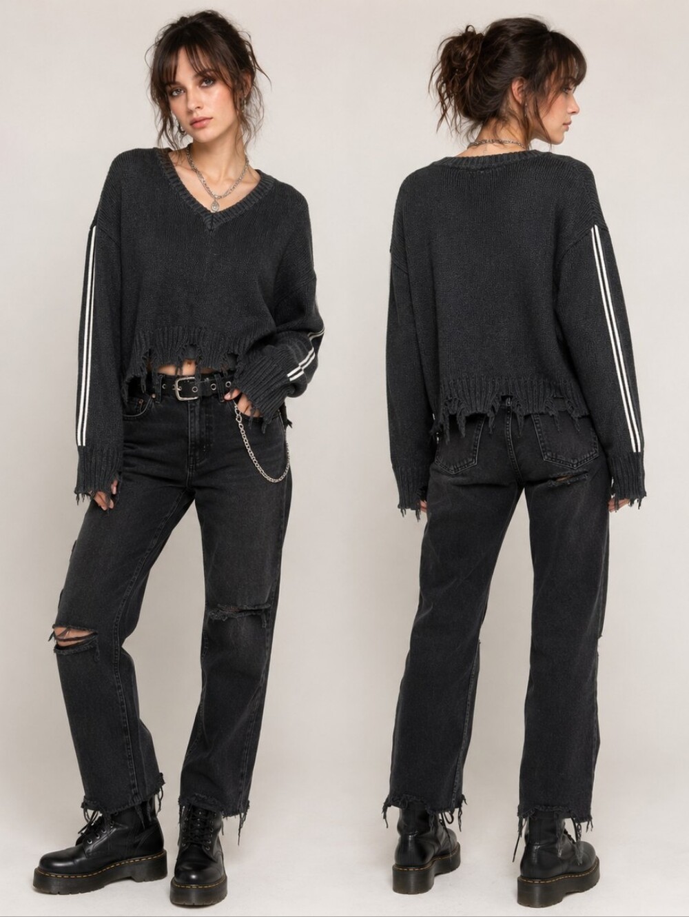 Vintage Havana Black Distressed Stripe Sleeve Sweater Size S Grunge • Alt/Edgy •